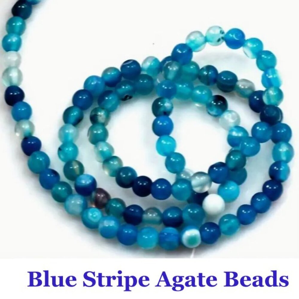 Blue Stripe Agate Beads White & Navy Blue Stripes  15" Strand